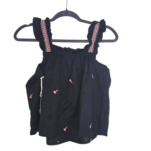 Black Floral Embroidered Sleeveless Top With Ruffle Straps & Geometric Bodice De - Picture 6 of 8